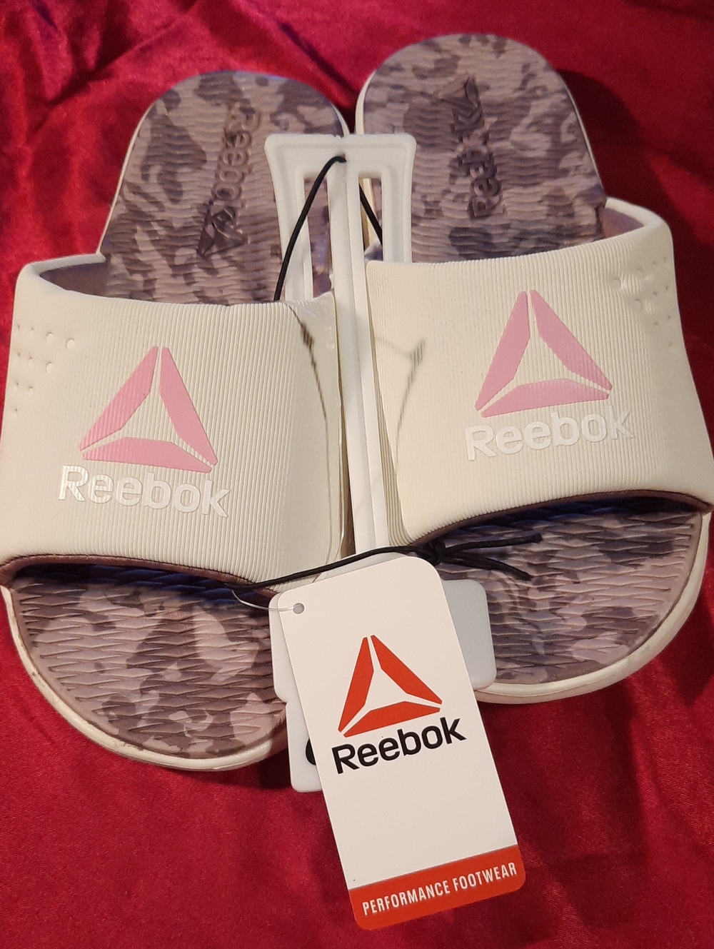 Reebok Women White Slide Sandals with Pink Logo Purple Camo Footbed